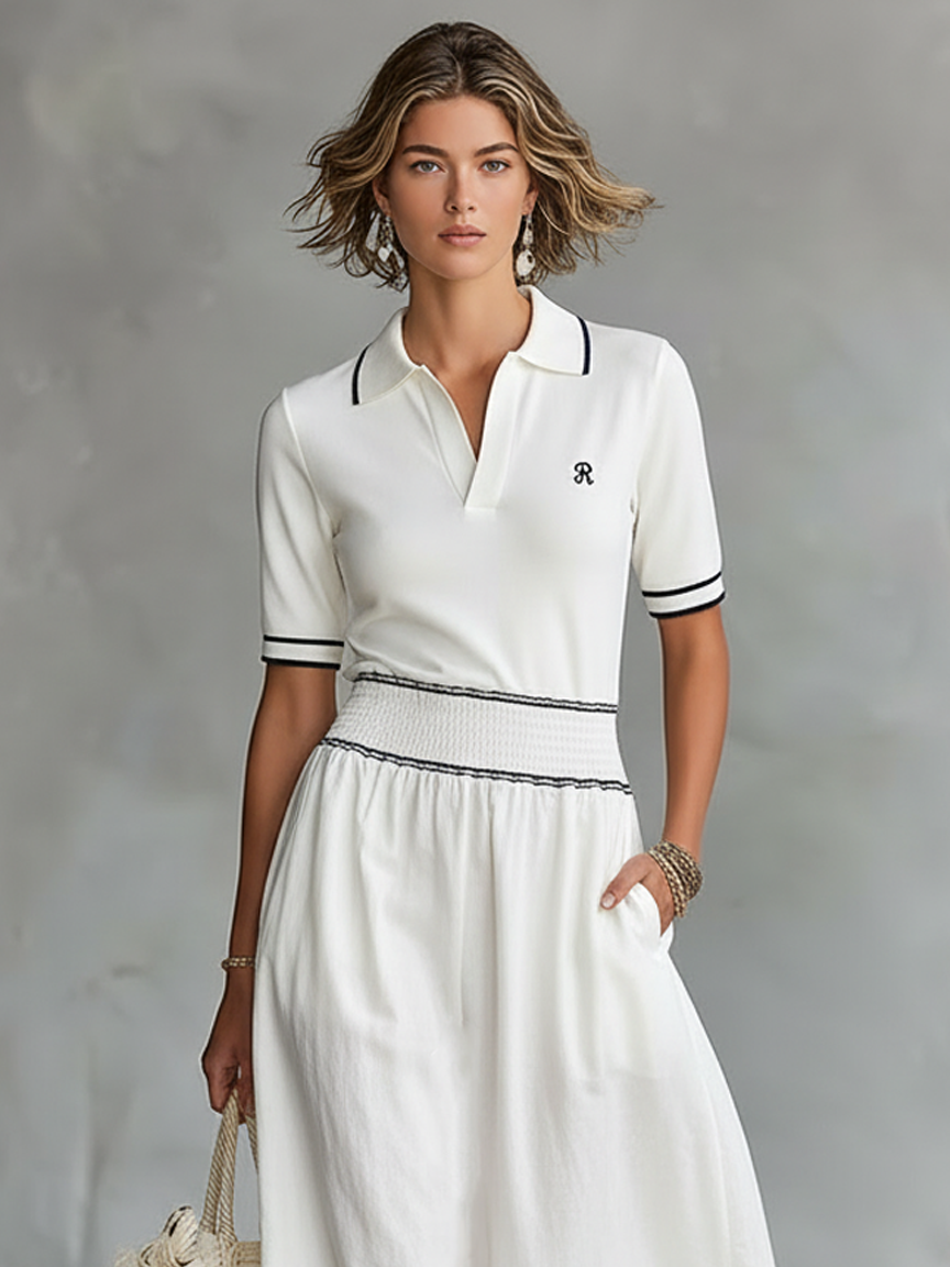 Women's Minimalist Black Trim Short-sleeved Maxi Dress MDA3089L6Y