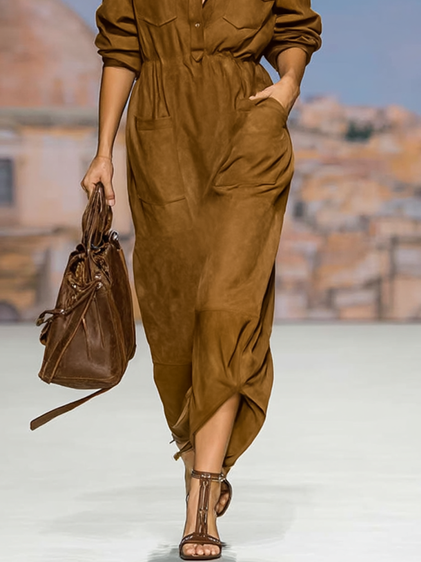 Women's Minimalist Faux Suede Multi-pocket Shirt Collar Long Sleeve Elastic Waist Maxi Dress MDA1138J2Y
