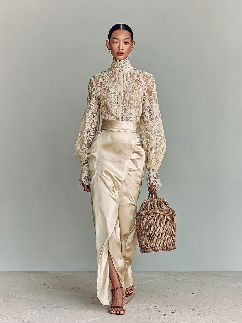 Women's Retro Stand Collar Lace Shirt And Satin Skirt Two-piece Set MDA2569G8Y