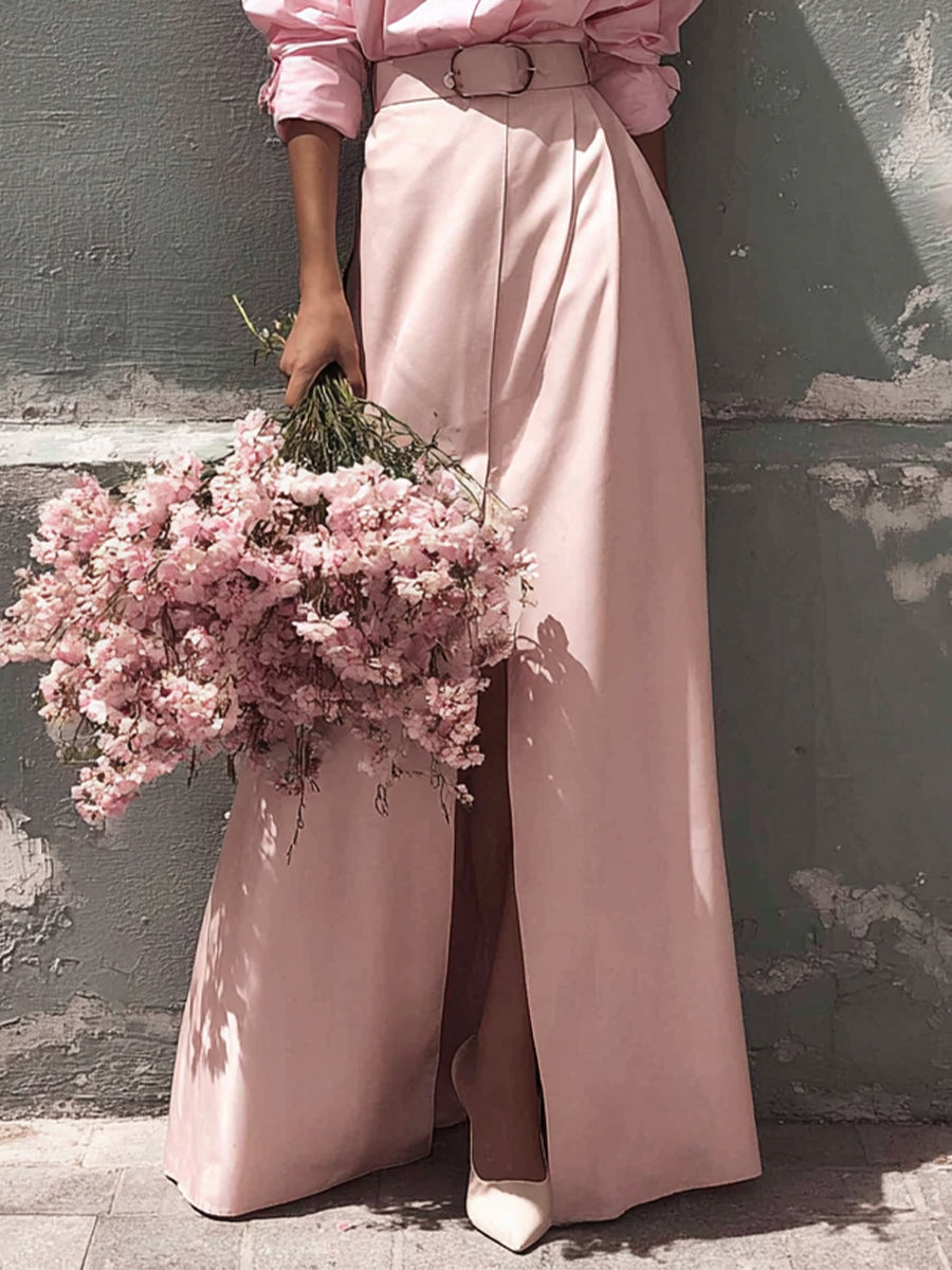 Women's Pink Crisp Cotton Set With Oversized Shirt & High-Slit Skirt, Timeless Romantic Style Set  MDA0941L6I
