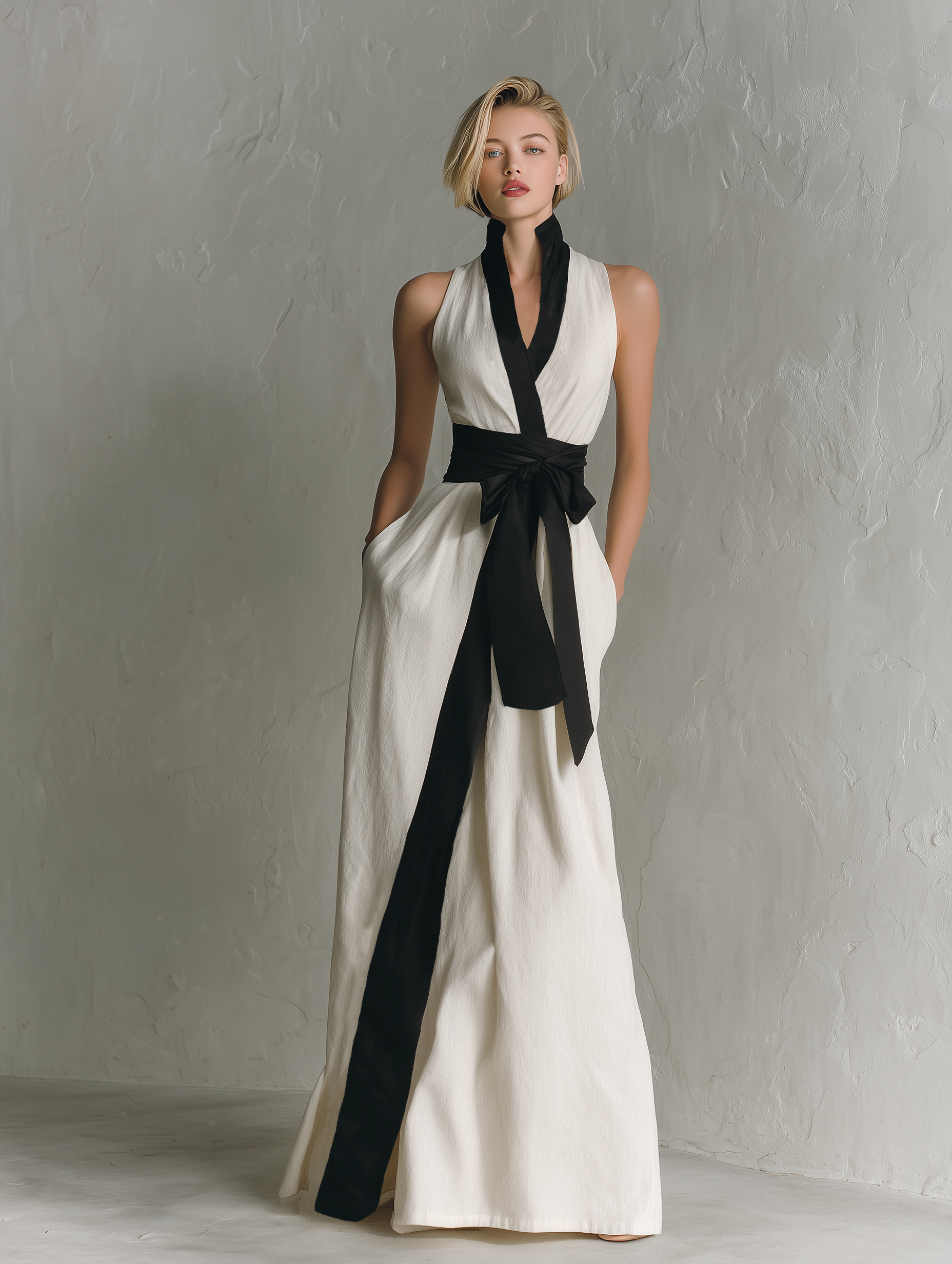 Women's Minimalist Color-block Belted Stand-collar Sleeveless Maxi Dress MDZ1399A7Y
