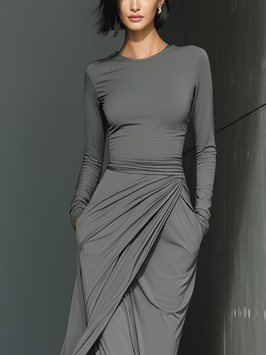 Women's Gray Elastic Knit Fabric Round-Neck Long-Sleeve Ruched Slit Maxi Dress MDA1148L4T