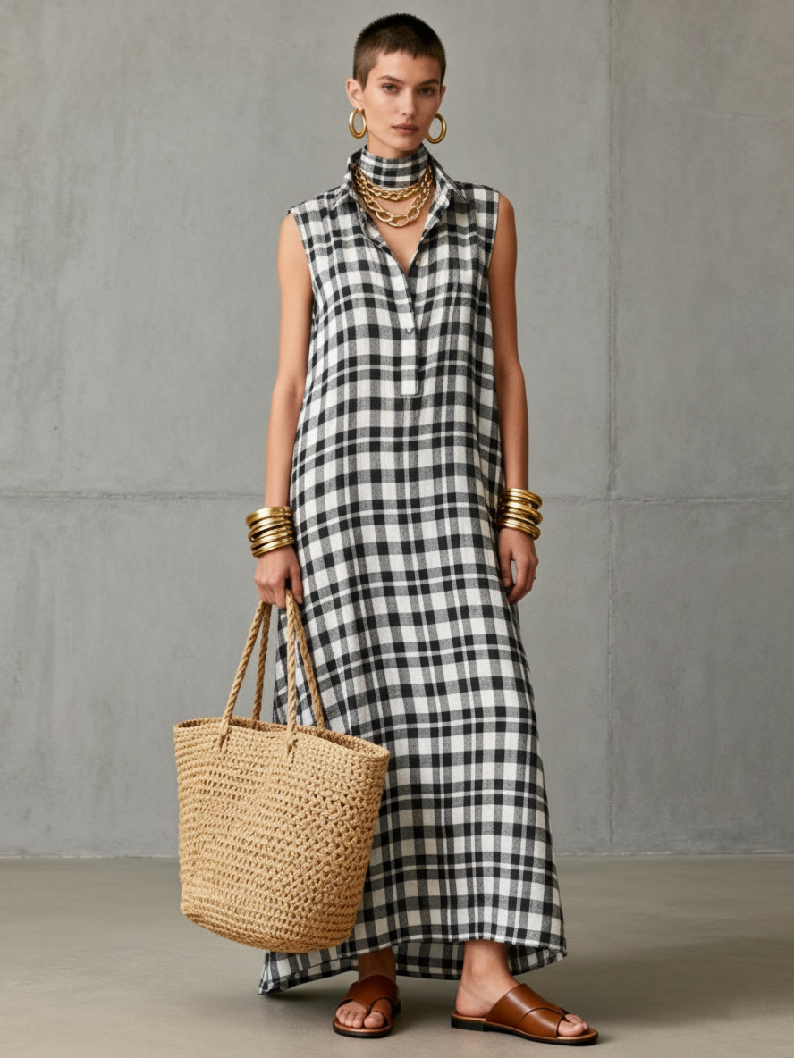 Women's Minimalist Checkered Sleeveless Maxi Dress MDZ0659A9Y