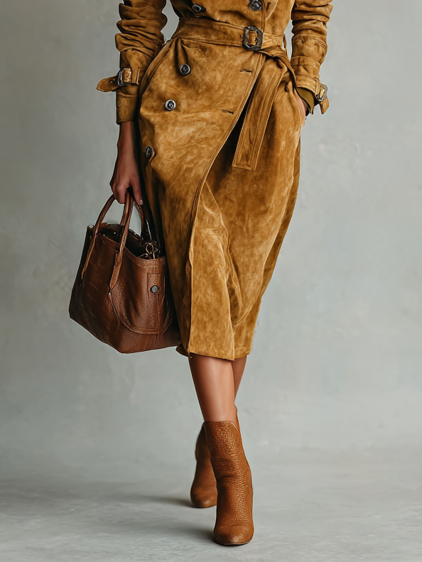 Women's Fashion Suede Double-Breasted Belted Trench Coat MDA2560H0Y