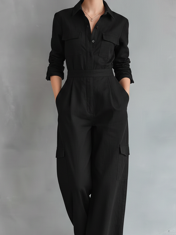 Women's Elegant Black Cotton-linen Blend Long-sleeved Shirt Collar Jumpsuit MDZ1016B0AN