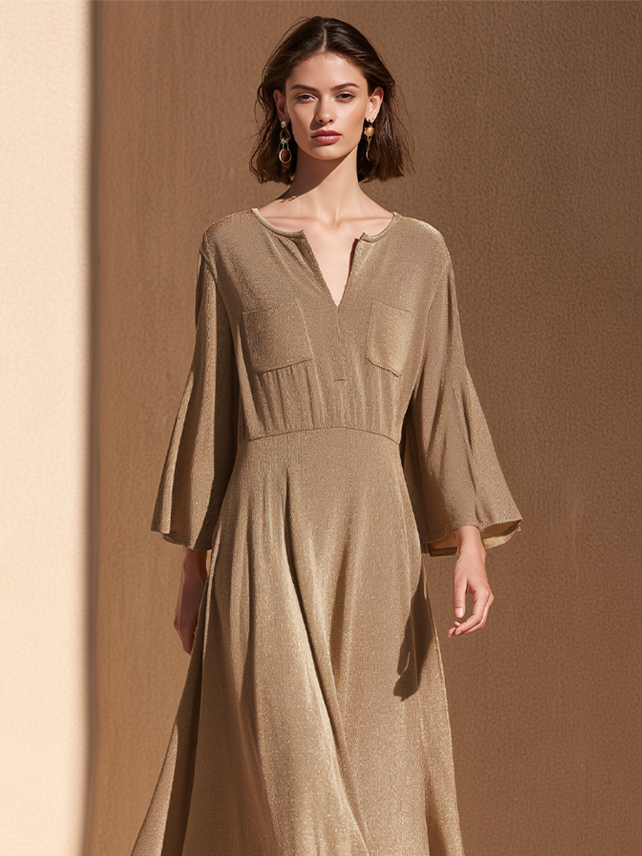 Women's Shimmer Gold V Neck Midi Dress
