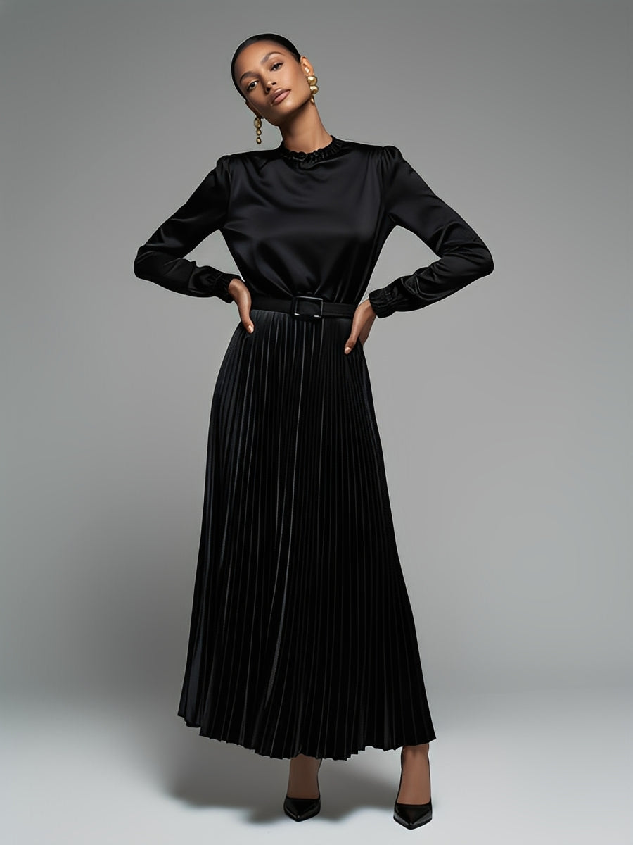 Women's Black Satin & Pleated Elegant Maxi Dress With Ruffled Neckline & Waist Belt, Vintage Glam Style MDA2315J8I