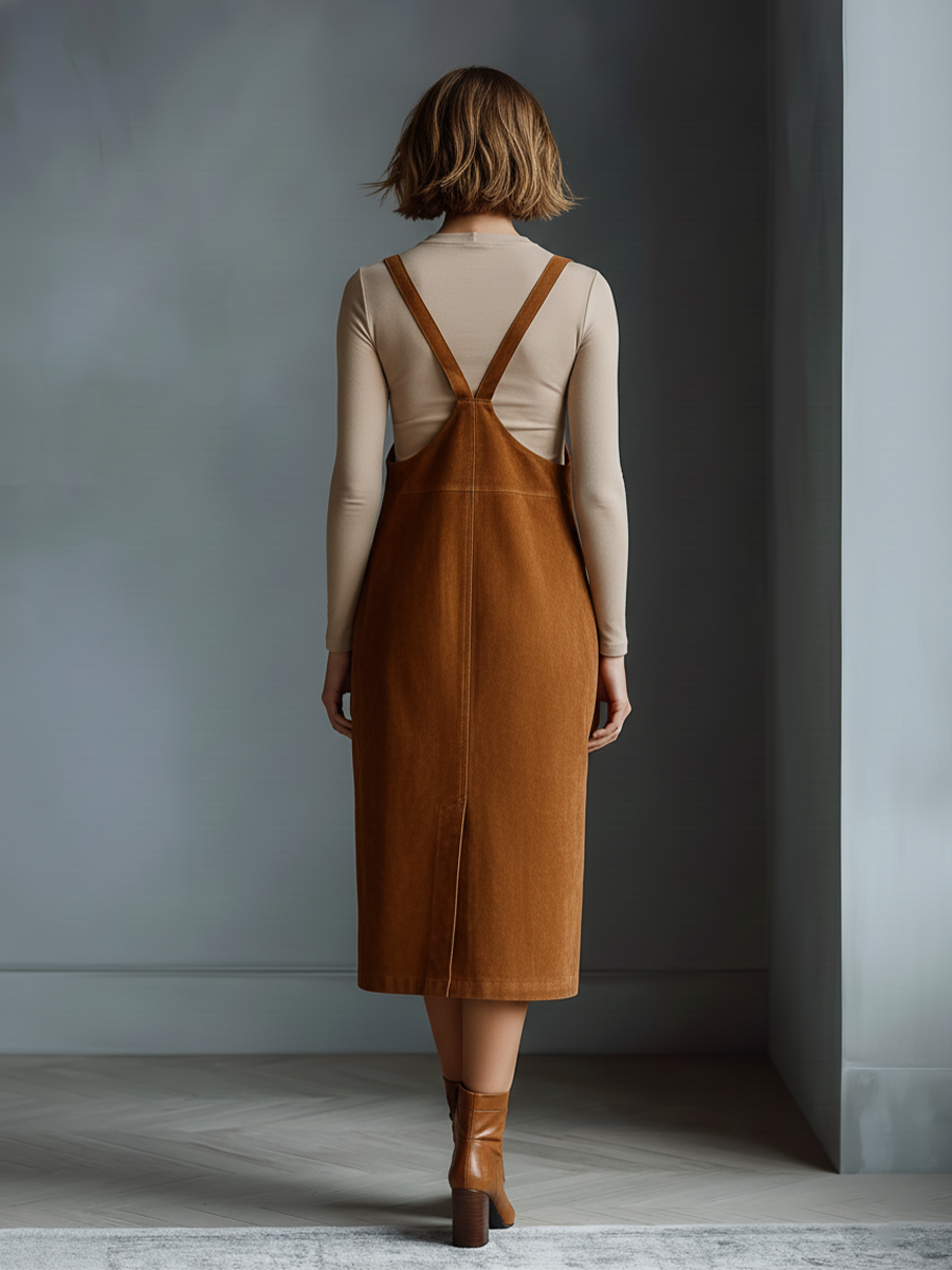 Women's Tan Suede Fabric Sleeveless Overalls Dress With Pocketed Detail MDA1529L2T
