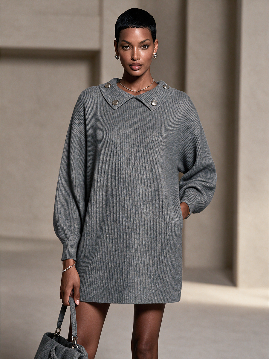 Women's Button Detail Casual Knit Lapel Mini Dress MDZ0314I6GMJ