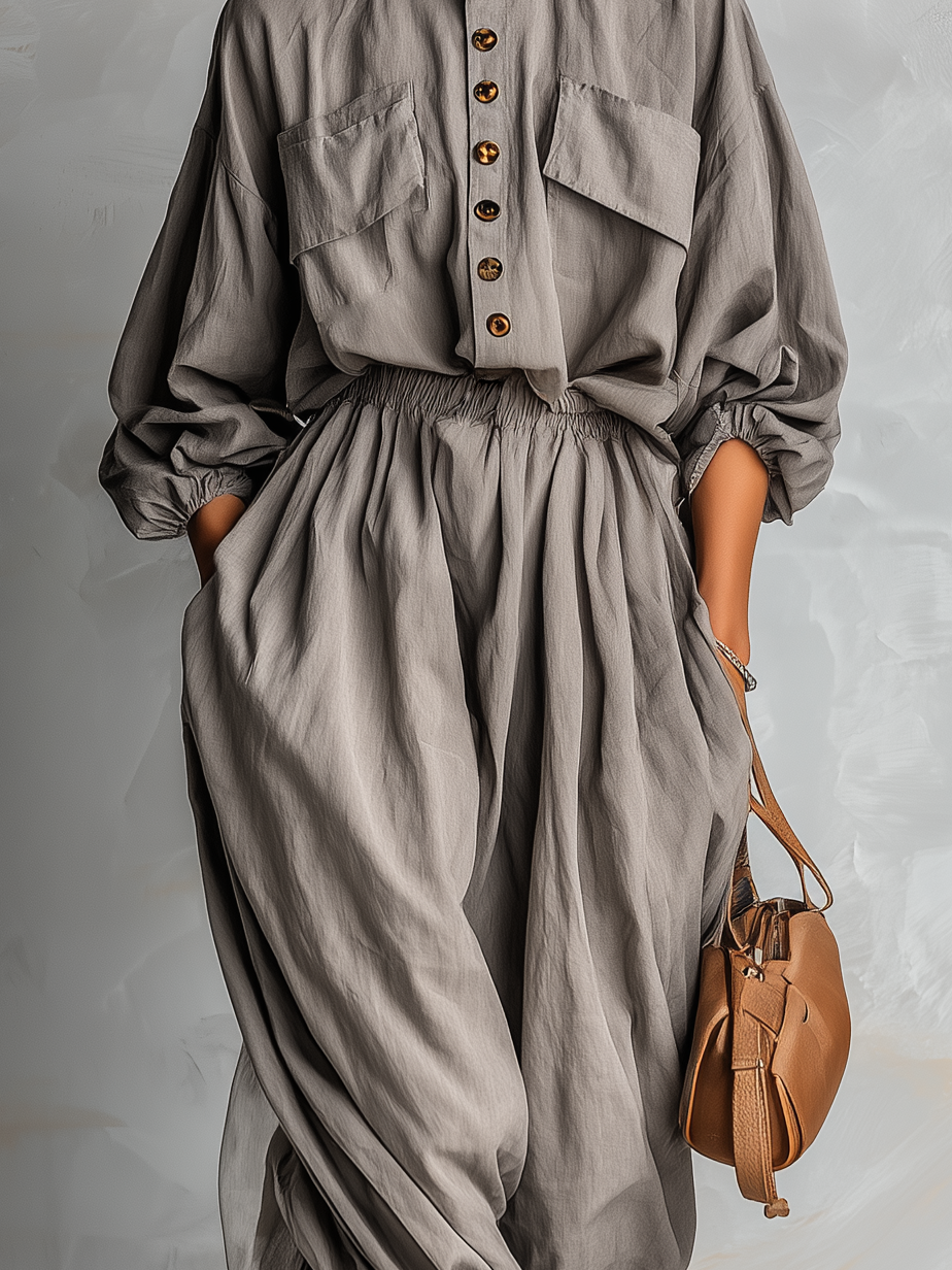 Women's Fashionable Gray Button-Up High Neck Long Sleeve Woven Loose Jumpsuit MDA1544L8AN