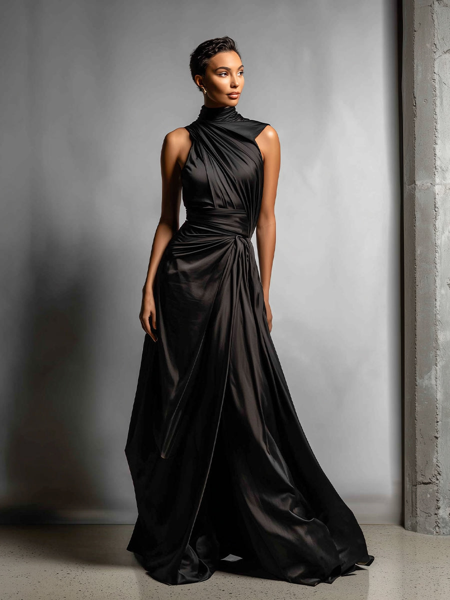 Women's Black Chic Satin Asymmetric Draped Gown MDA2095J8I