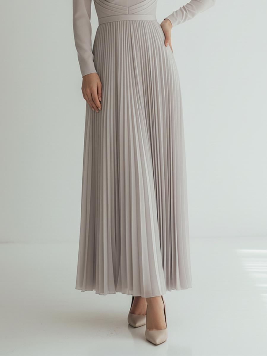 Women's Light Gray Chiffon Fabric V-Neck Ruched-Waist Pleated Maxi Dress MDA1637L8T