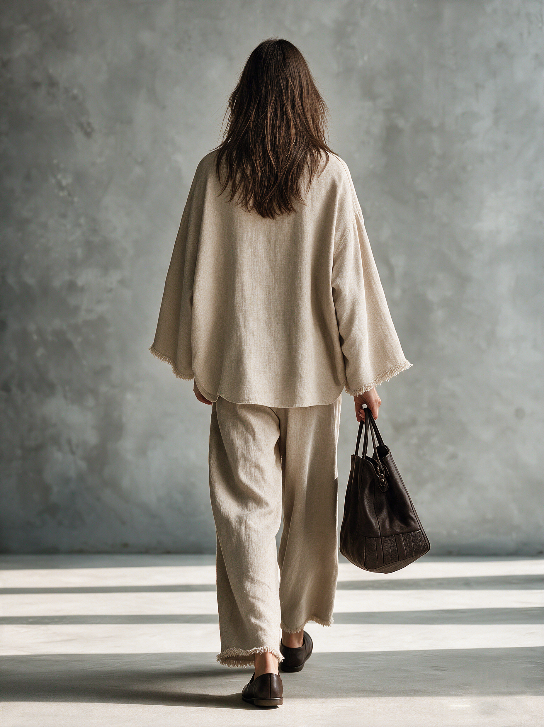 Women's Casual Khaki Cotton-Linen Long-Sleeve Top And Trousers With Raw Edges Two-Piece Set MDZ3121H9LXY