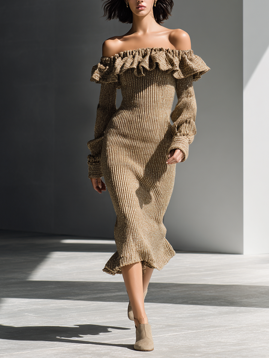 Women's Camel Ribbed Knit Off-Shoulder Ruffle Midi Dress MDA1011L0AP