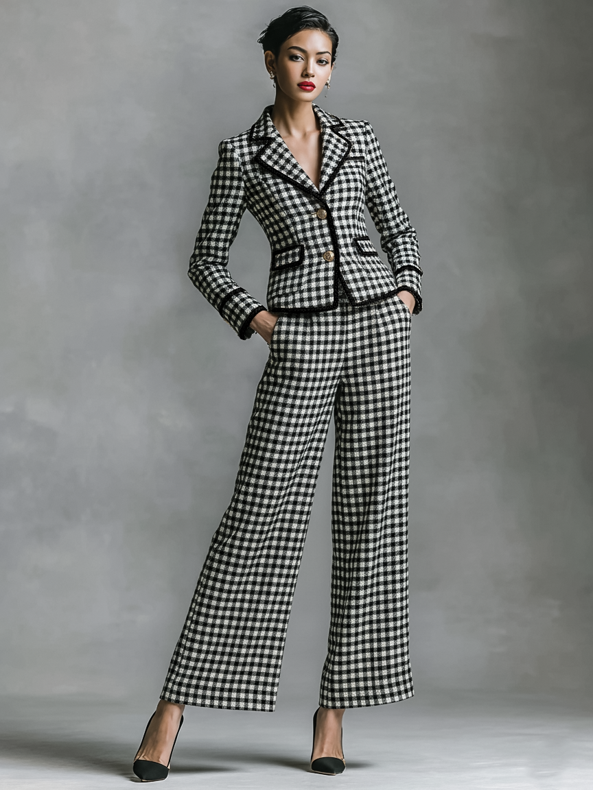 Women's Plaid Wlooen Blend Black Trim Blazer And Pants Set MDA2249J8Y