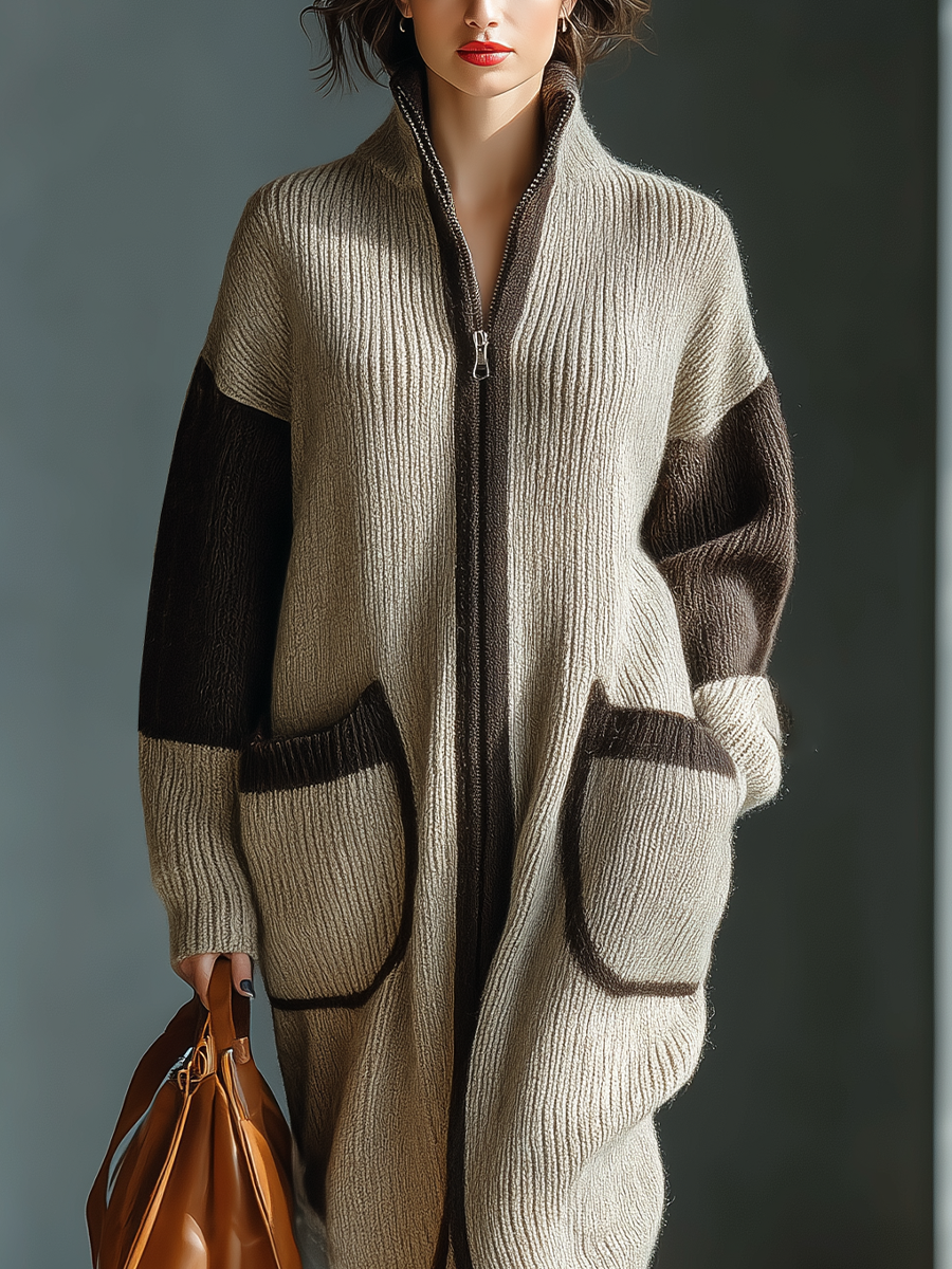 Women's Beige And Brown Contrast Knit Zipper Cardigan MDA2053J5T