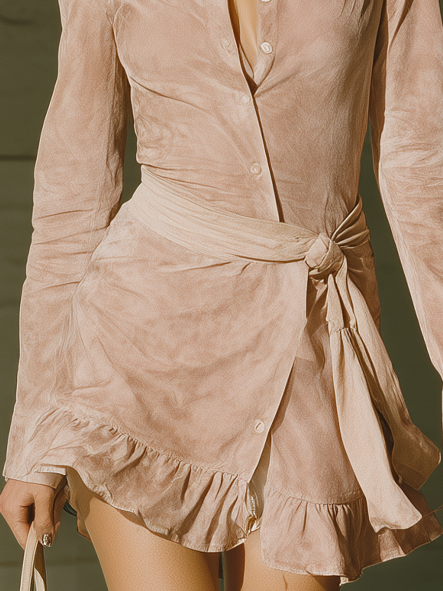 Women's Nude Pink Faux Suede Collar Ruffled Tie Short Mini Dress MDA0198K2T