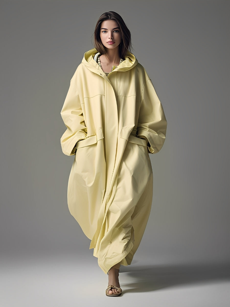 Women's Pale Yellow Textured Woven Fashion Coat With Patch Pockets & Relaxed Fit, Edgy Everyday Style Coat MDA2597K5I