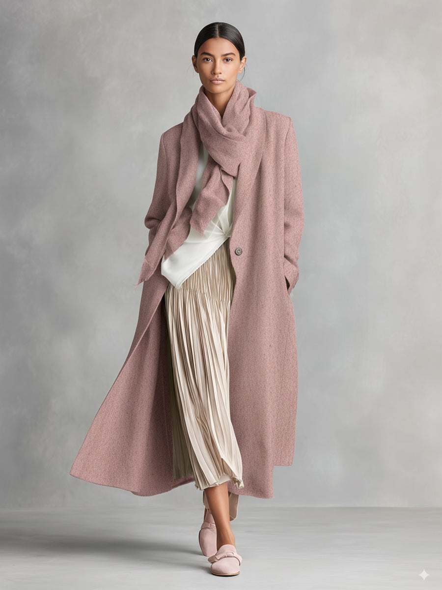 Women's Dusty Pink Elegant Wool - Blend Oversized Coat With Scarf MDA1726I3I