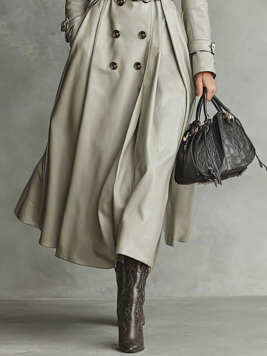 Women's Minimalist PU Leather Lapel Double-Breasted Belt Long Trench Coat MDA0942I3Y