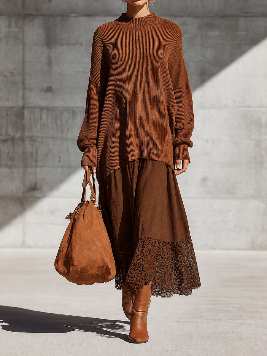 Women's Oversized Knit Brown Lace Hem Skirt Set MDZ0320I9YZJ