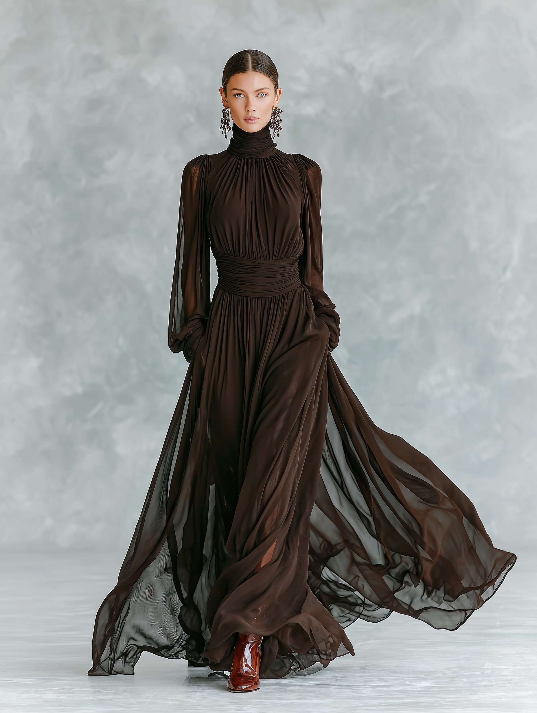 Women's Elegant Dark Brown High-neck Long-sleeved Chiffon Fitted Waist Maxi Dress MDA0944L1AN