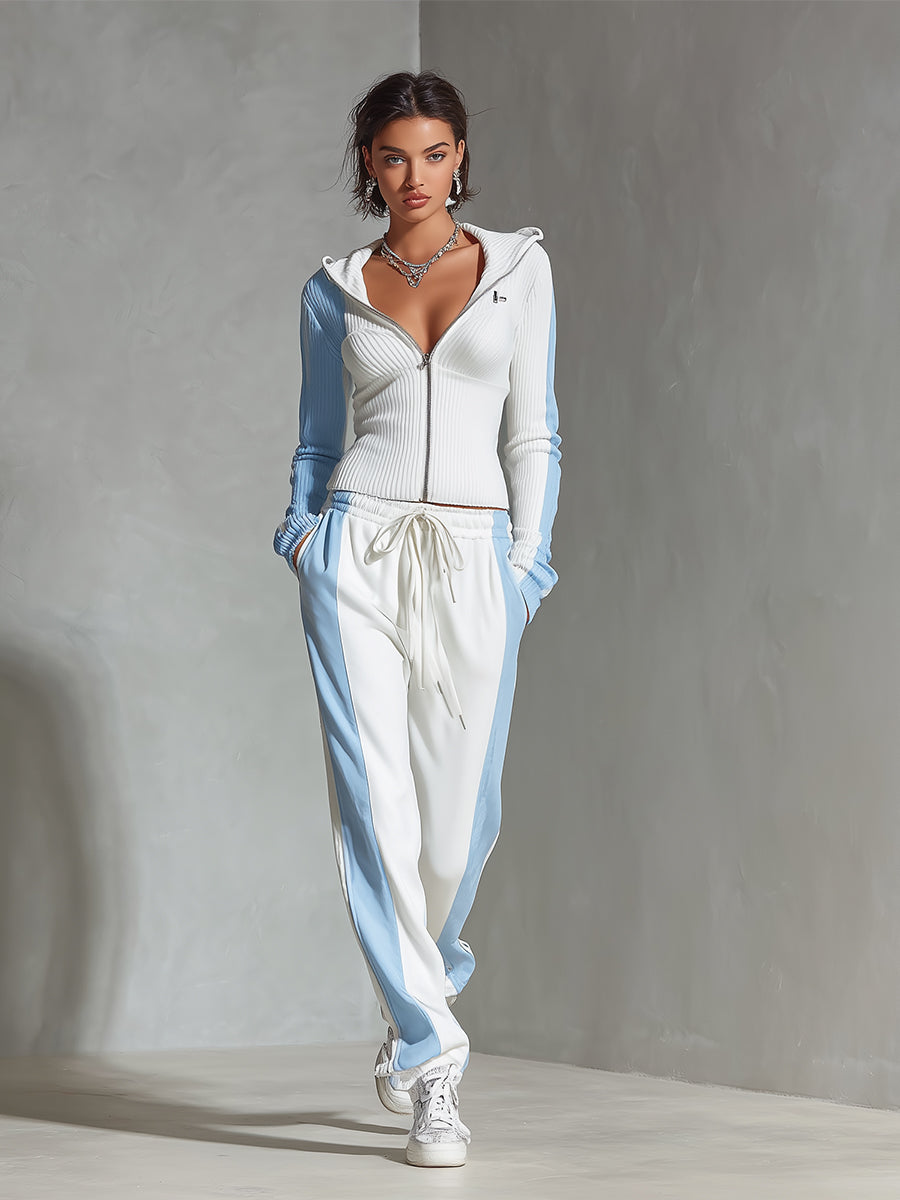 Women's Blue And White Sporty Ribbed Knit Zip - Up Hooded Tracksuit MDA2352I6I