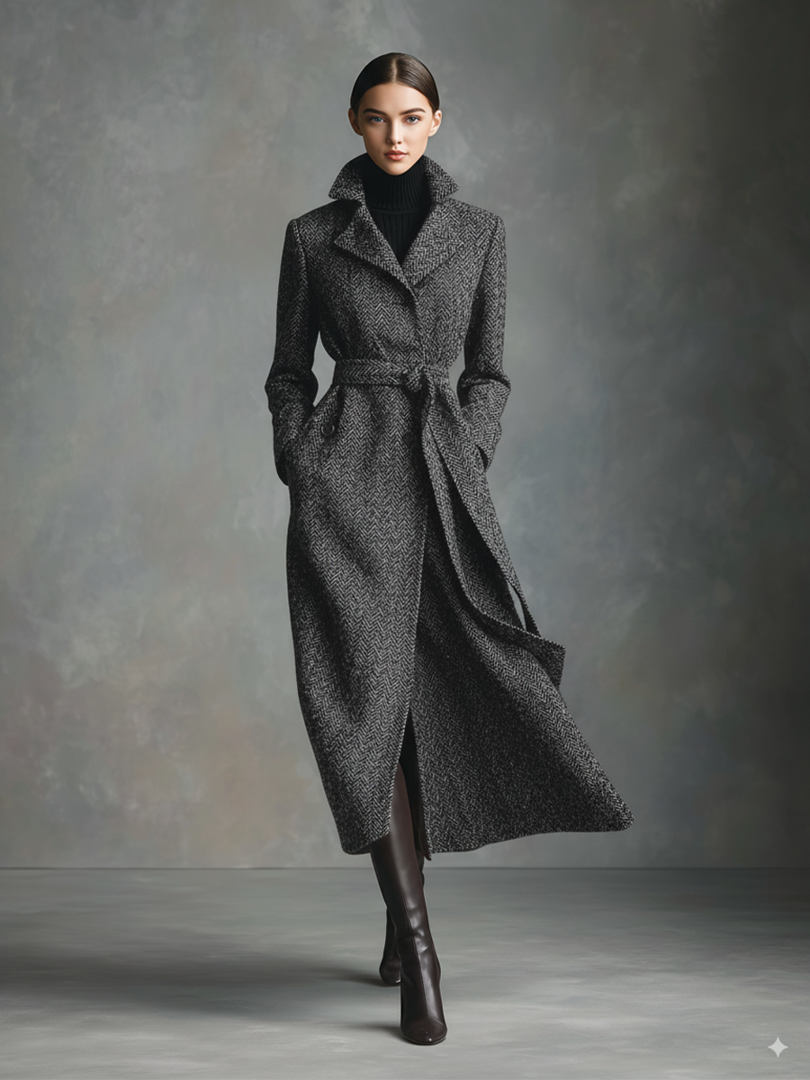 Women's Grey Elegant Herringbone Wool - Blend Belted Maxi Coat MDA1783I6I