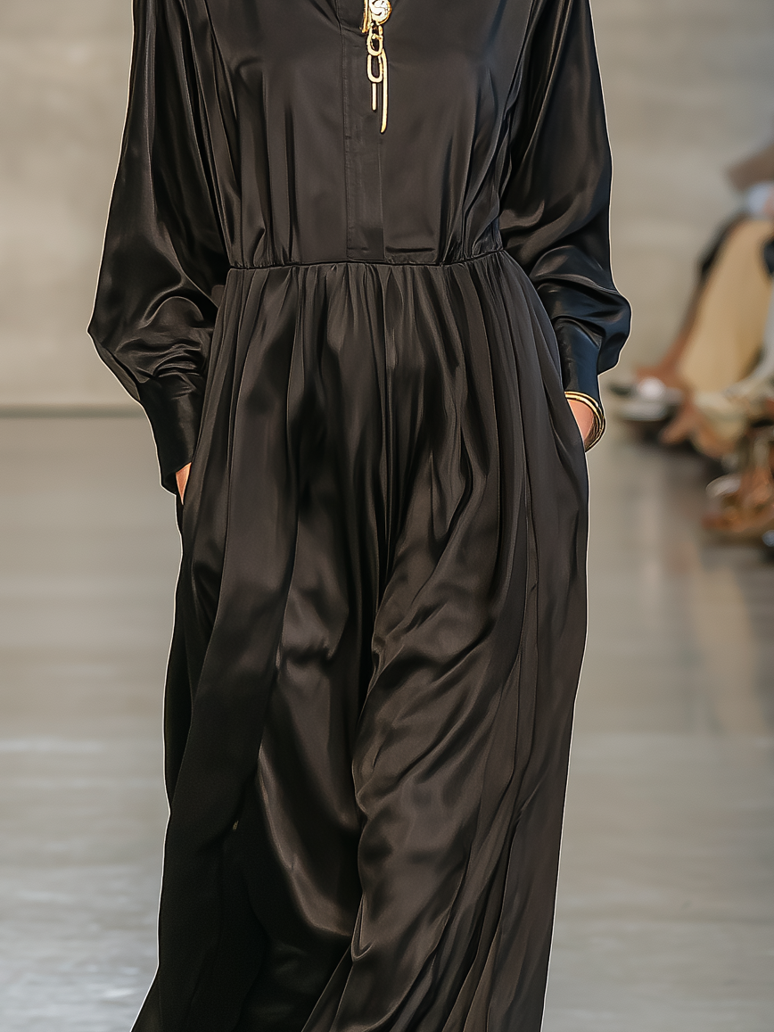 Women's Elegant Black Glossy Satin Loose-fitting Shirt Dress With Long Sleeves MDZ0561A9AN