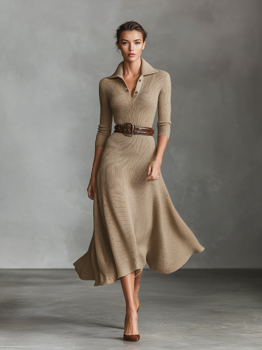Women's Tan Elegant Ribbed Knit Belted Polo Midi Dress (without belt) MDA1093I3I