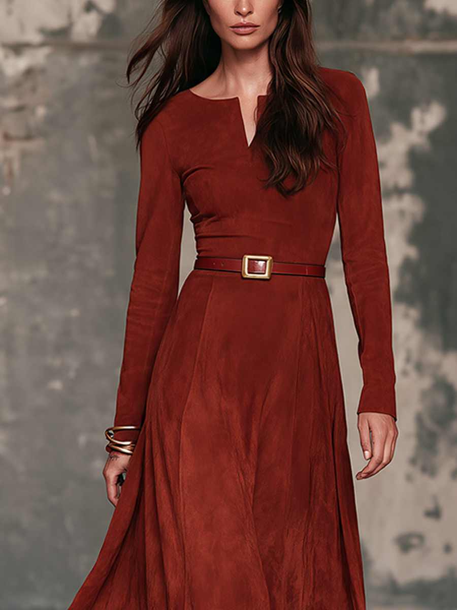 Women's Long-Sleeve Suede Maxi Dress With V-Neck