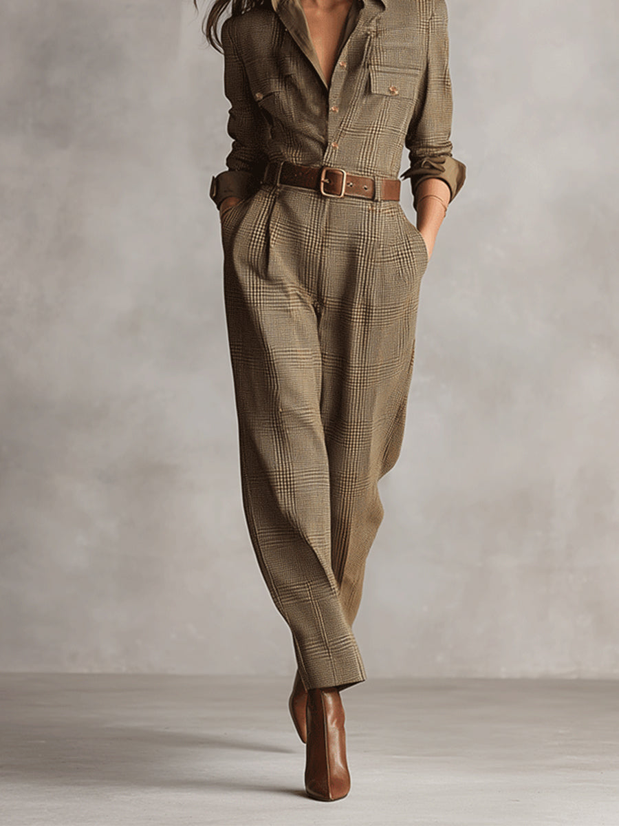 Women's Brown Sophisticated Tweed - Texture Plaid Utility Jumpsuit (without belt) MDA0167I2I