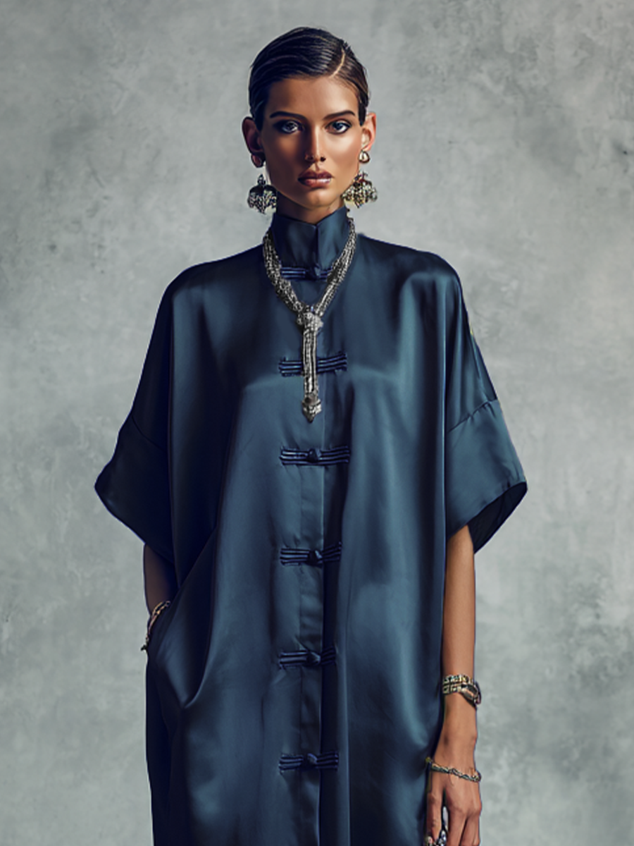 Women's Chinese-style Navy Blue Stand-up Collar Button Midi Dress MDZ1168B4BA