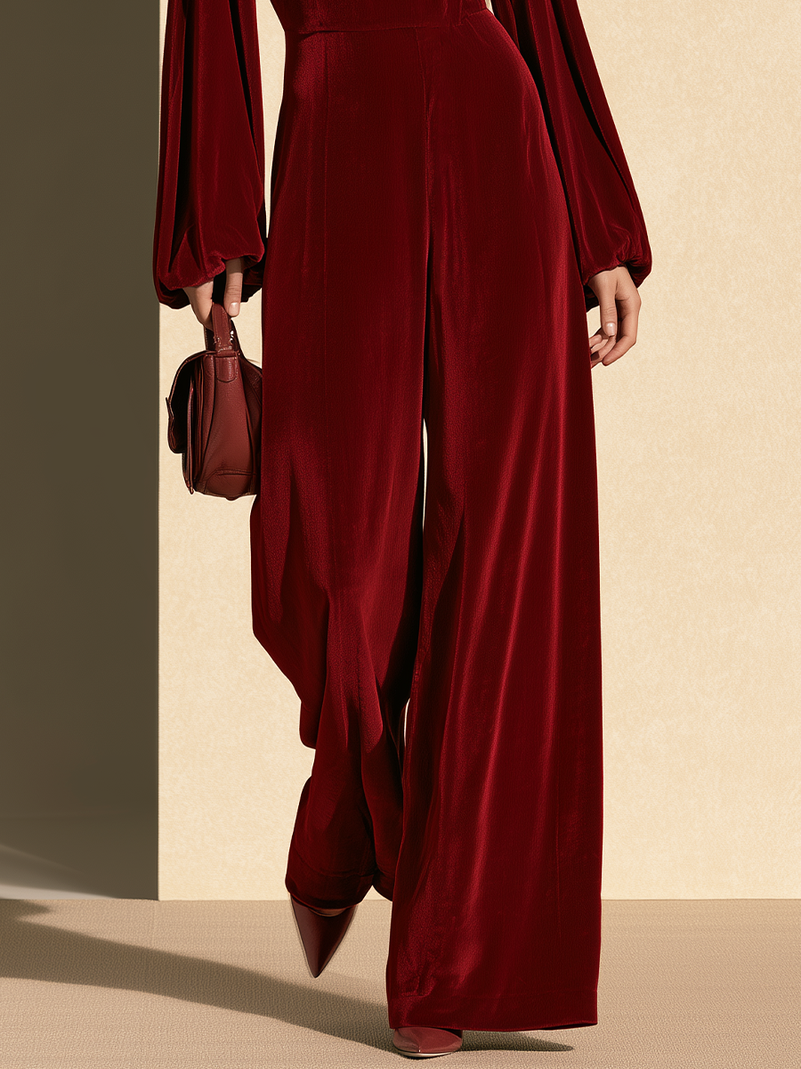 Women's Burgundy Velvet Cold-Shoulder Wide-Leg Jumpsuit