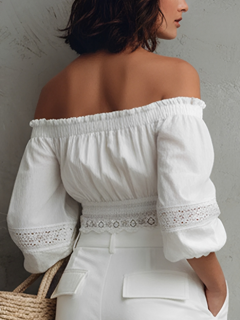 Women's French Casual Style Pure White Washed Cotton Eyelet Lace Smocked Puff Sleeve Cropped Top MDZ0206F1GMJ