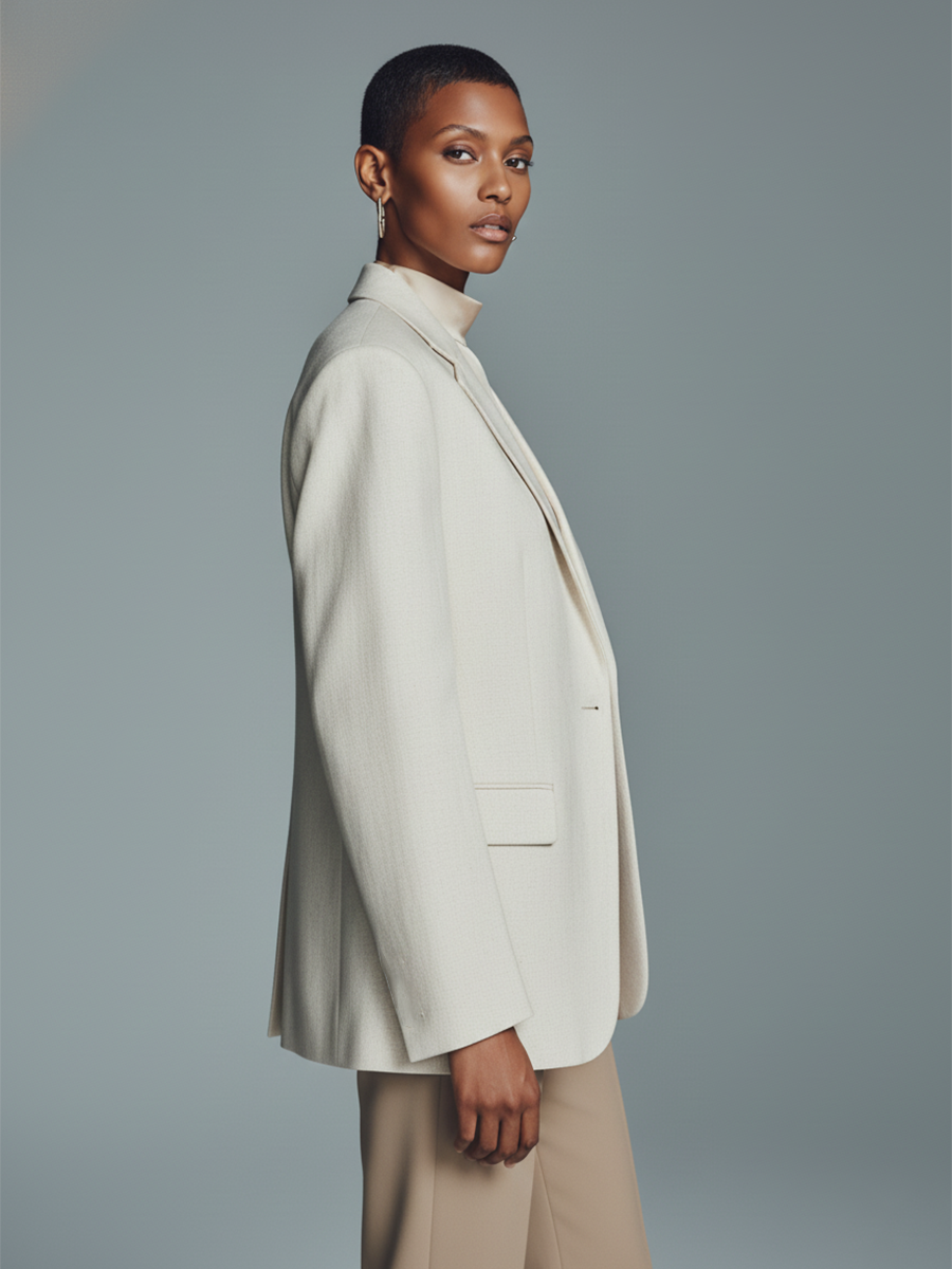 Women's Cream Textured Woven Single-Breasted Blazer MDA2839K5I