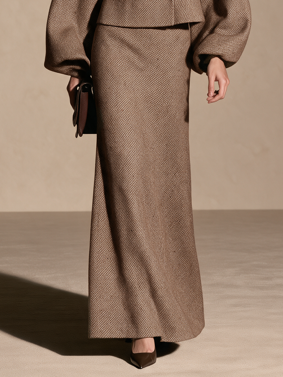 Women's Woolen Lapel Blazer Brown Maxi Skirt Set