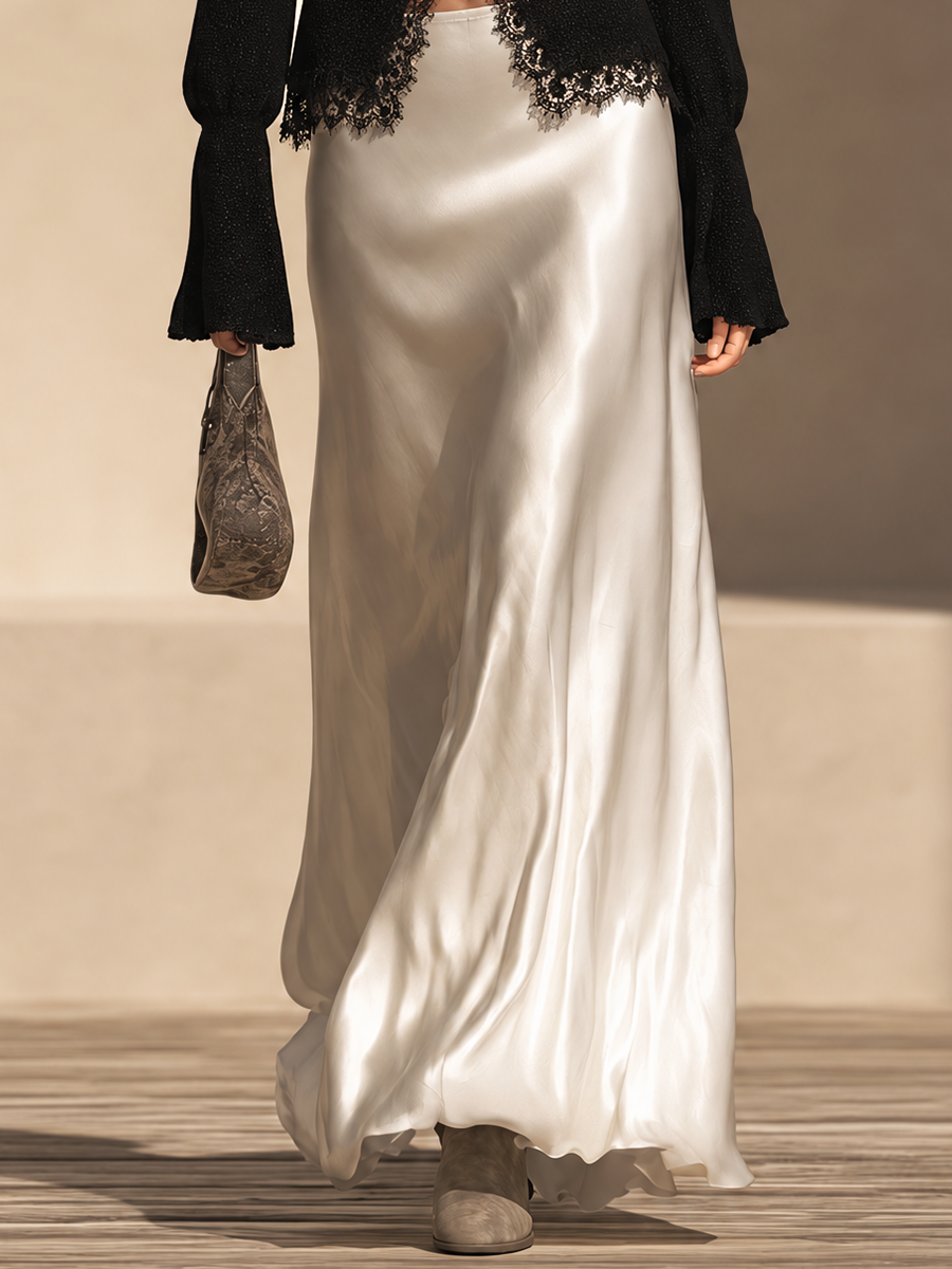 Women's Long Sleeve Lace Trim Top And Maxi Skirt Set