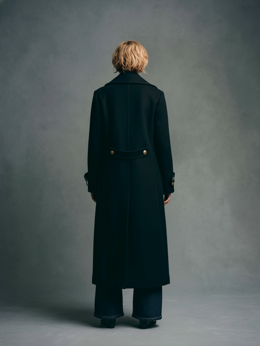 Women's Simple Black Wool Double-breasted Lapel Long Coat MDA2037L2BA