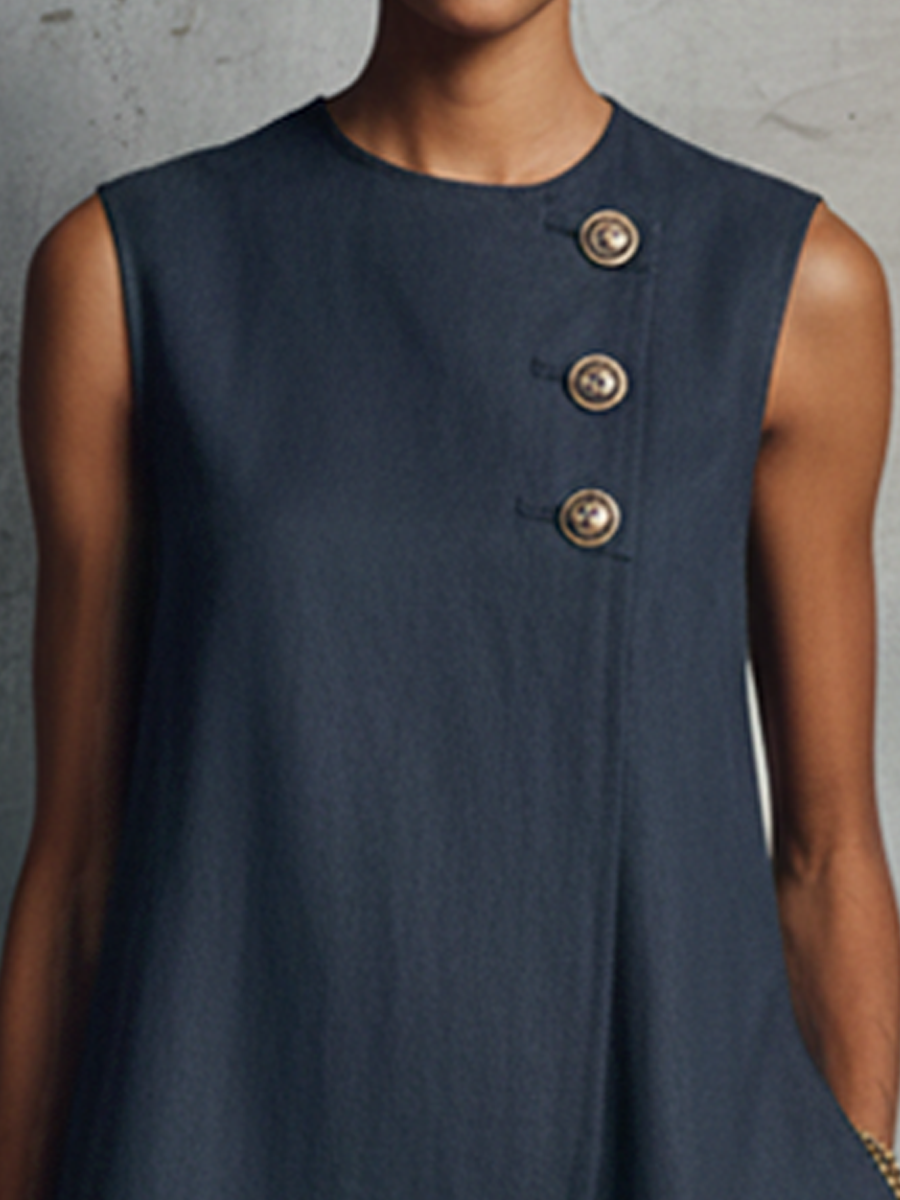 Women's Minimalist Commuter Style Navy Blue Linen Round Neck Asymmetric Buttons Side Pocket Sleeveless Mini Dress MDZ0395F6GMJ