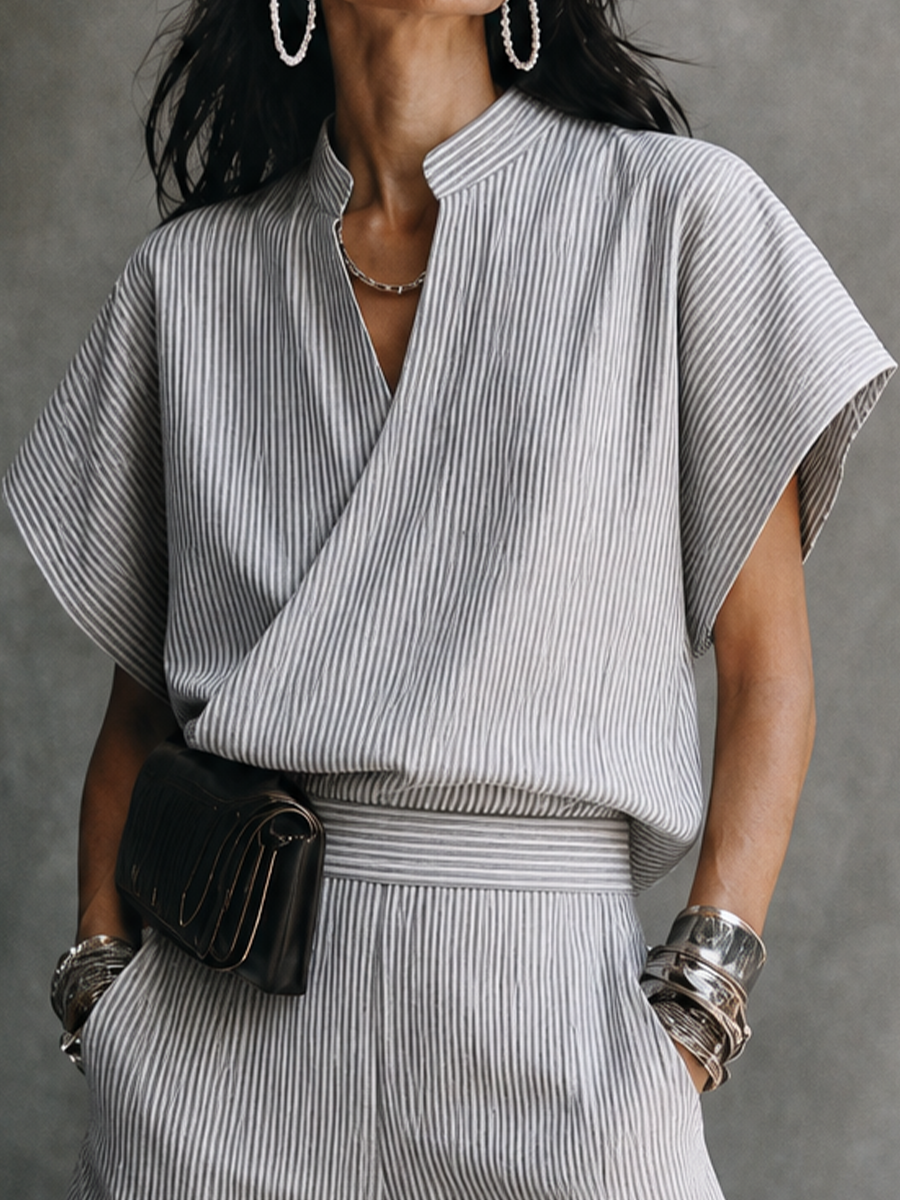 Women's Casual Vacation Gray White Cotton Blend Striped Wrap Top Cargo Pocket Wide-Leg Pants Set MDZ1618G6GMJ