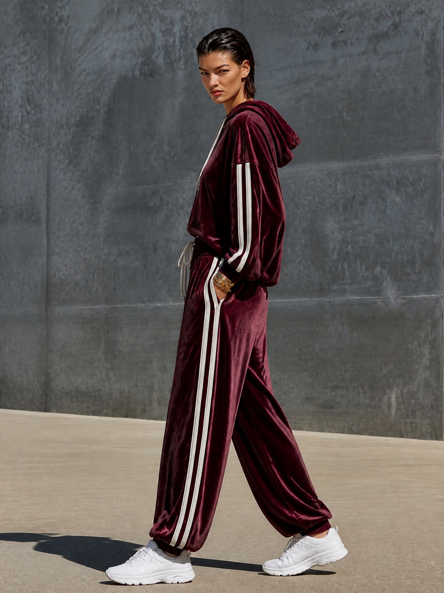 Women's Velvet Hoodie & Jogger Pants Set with Side Stripes