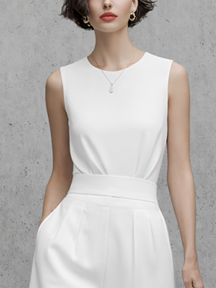 Women's White Sleeveless Round Neck Wide-Leg Cropped Jumpsuit MDZ0246C8BA