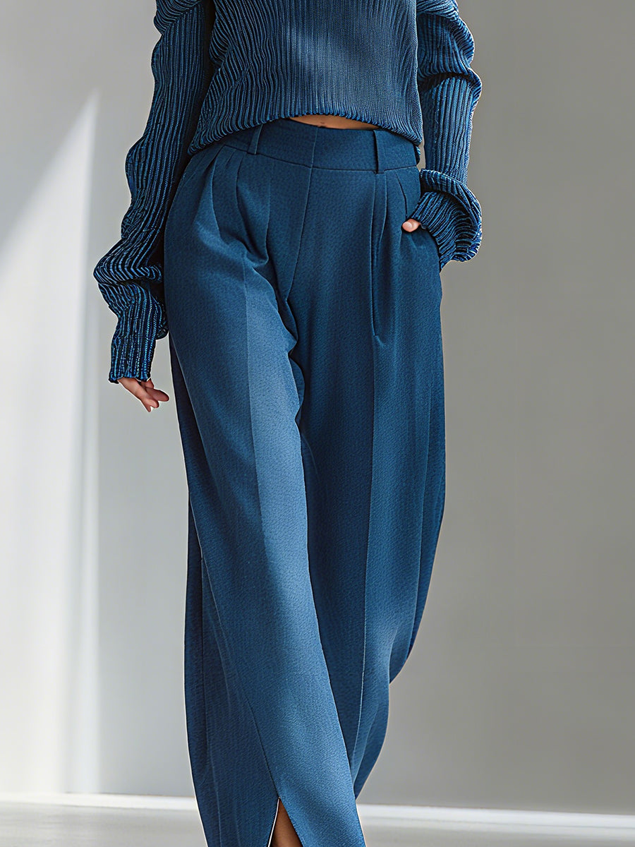 Women's Blue Elegant Ribbed Knit Cold - Shoulder Sweater And Wide - Leg Pants Set MDA1591I8I