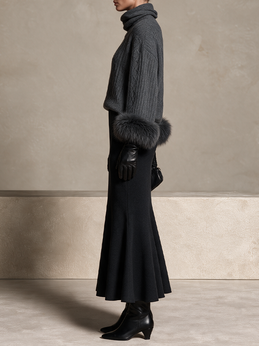 Women's Chunky Cable Knit Fur Cuff Gray Sweater