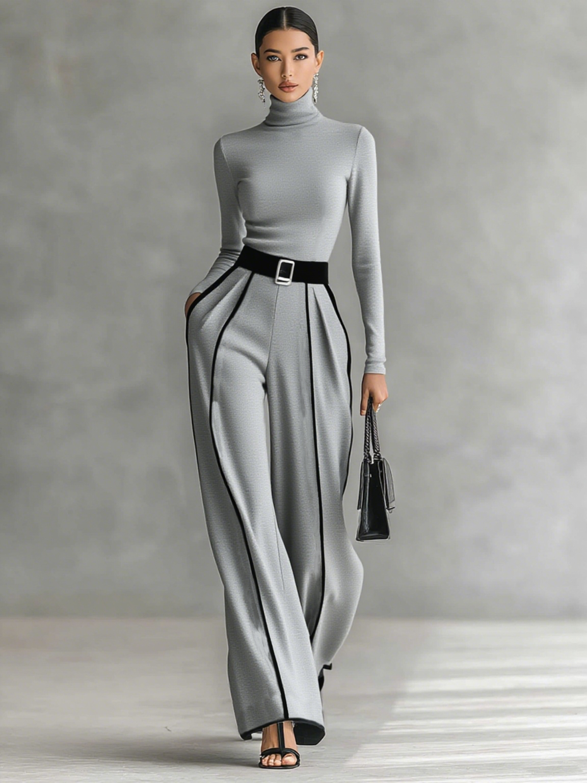 Women's White Trimmed Turtleneck Long Sleeve Top Wide Leg Pants Belt Two-Piece Set MDA1546G0Y