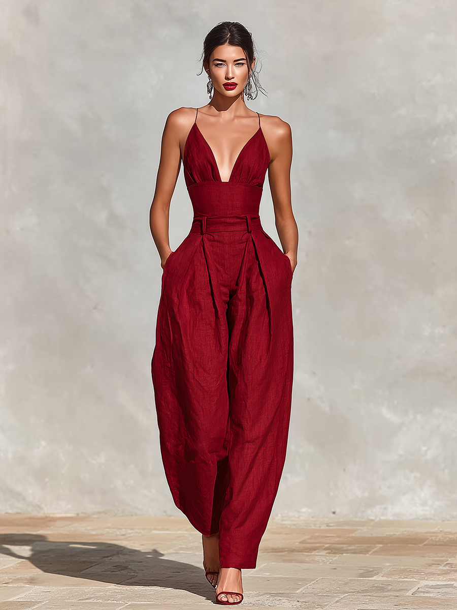 Women's Red Linen Jumpsuit With Spaghetti Straps & High-Waisted Pleated Pants, Timeless Romantic-Elegant Style Jumpsuit MDZ1915C8I