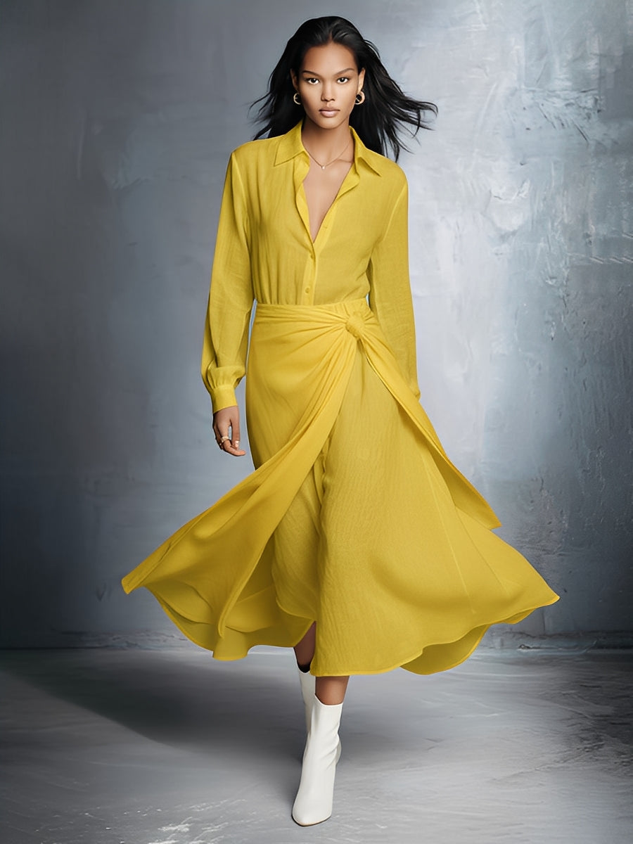 Women's Yellow Linen Blend Loose-fitting Maxi Dress With Belt And Tie Closure MDA1058L8I