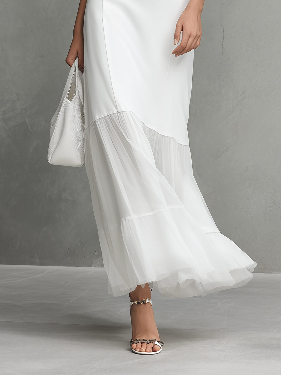 Elegant Women's White Sleeveless Dress With Milk Silk And Chiffon Paneling  MDZ2310A6BA