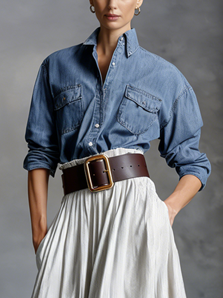 Women's Elegant Tencel Denim Shirt And Cotton Blend Long Skirt Two-piece Set MDZ0455A1BA
